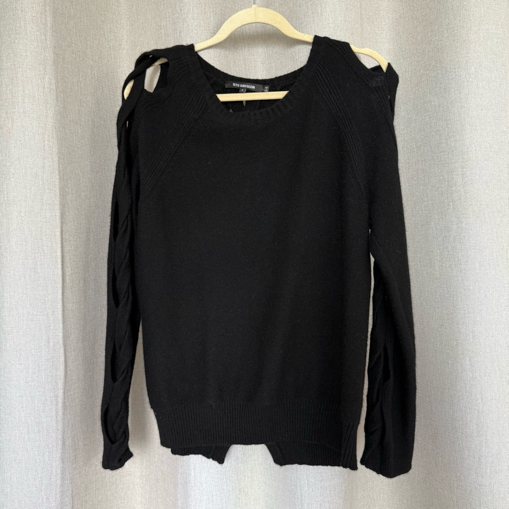 Tess Giberson 100% Cashmere Black Cable Knit Long Sleeve Sweater L - Picture 3 of 12